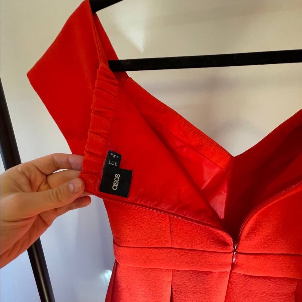 💃 Asos Off The Shoulder Sweetheart Bardot Red Prom A-line Full Skirt Dress - Picture 7 of 11